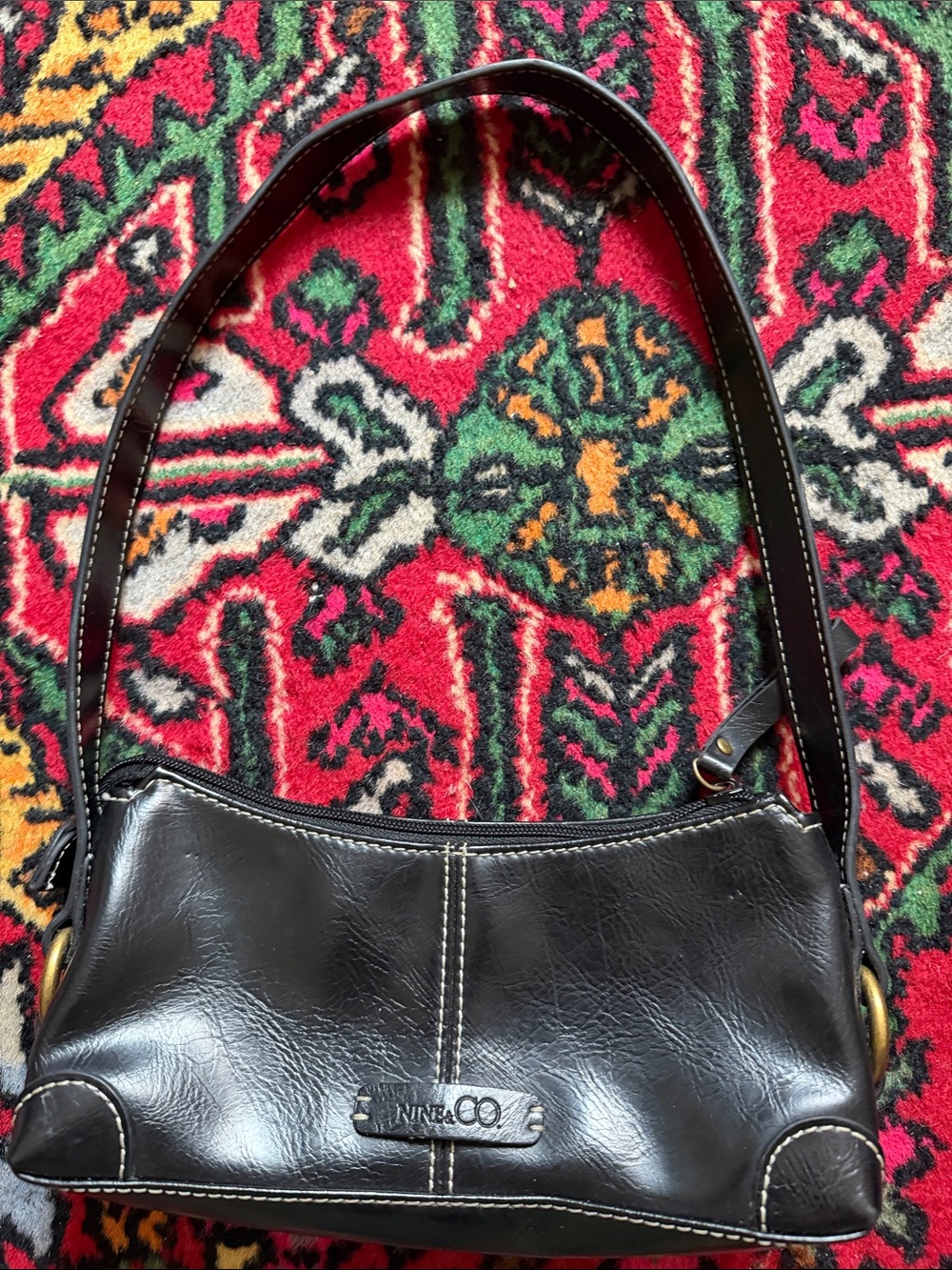 Nine & Co. Black Leather Mini Shoulder Bag with White Stitching
